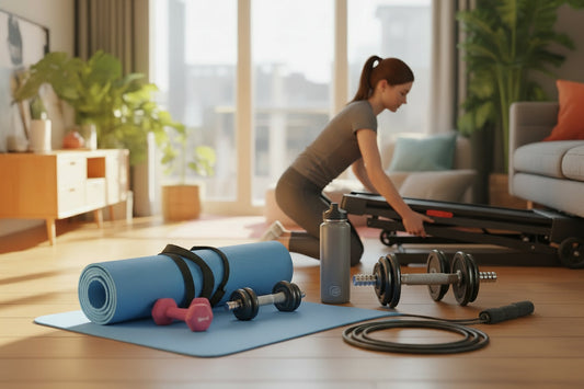 Modern home gym setup with resistance bands, dumbbells, yoga mat, and smart ring on wooden floor, bright natural lighting