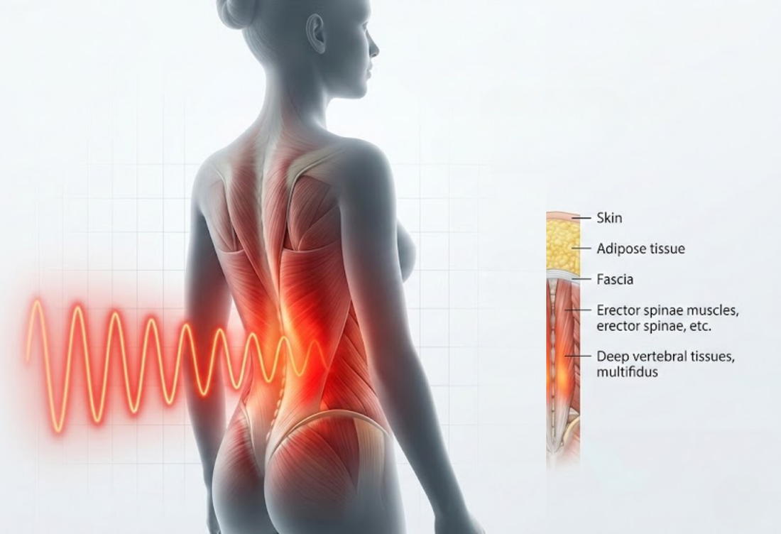 infrared therapy for back pain illustration showing heat penetrating muscles