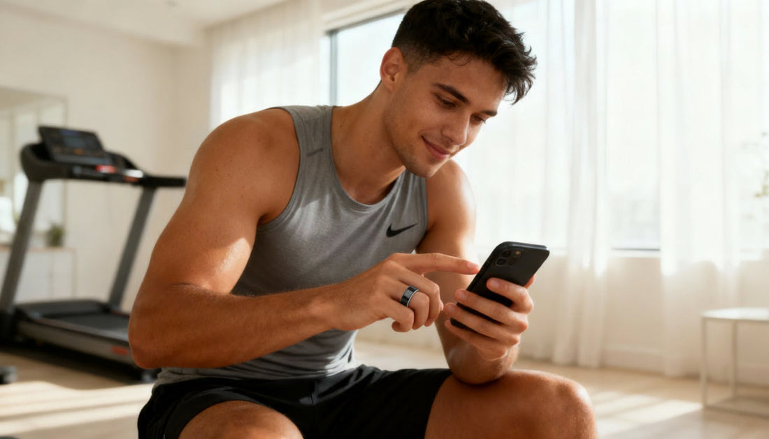 Athlete wearing smart ring in home gym tracking heart rate.