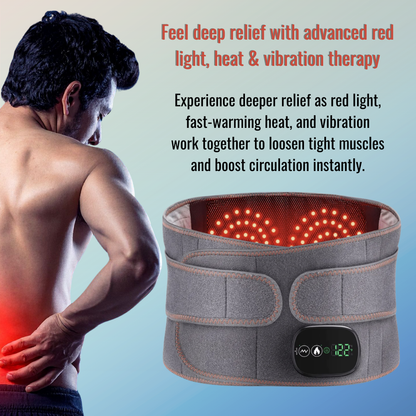 Man with back pain using a red light therapy belt on a blue background