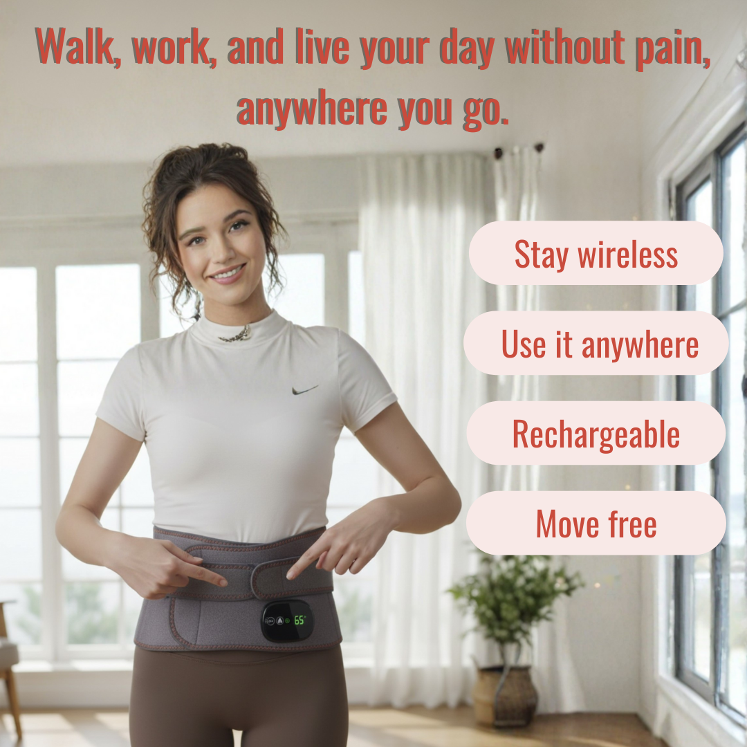 A woman wearing an infrared wireless belt with text highlighting its features.