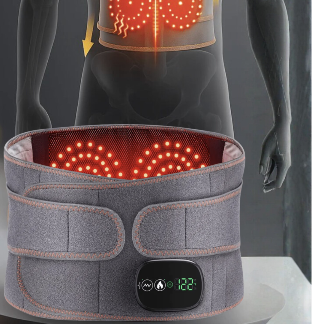 Gray heating belt with redlights on a mannequin, displaying digital temperature control.