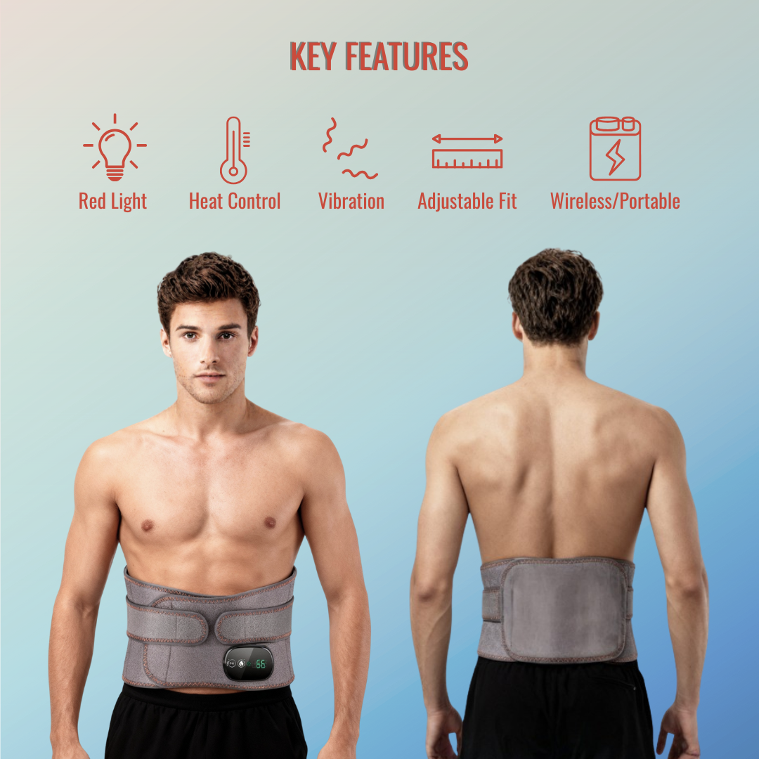 Man wearing a infrared belt with key features listed above on a light blue background
