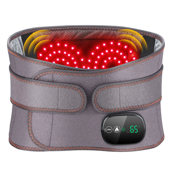 Gray massage belt with red LED lights and digital display on a white background