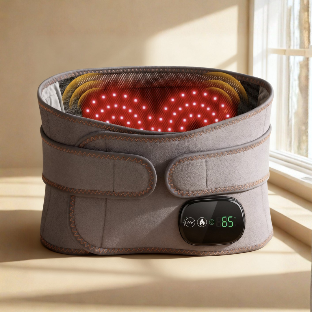 Gray massage belt with digital display on a light wooden surface