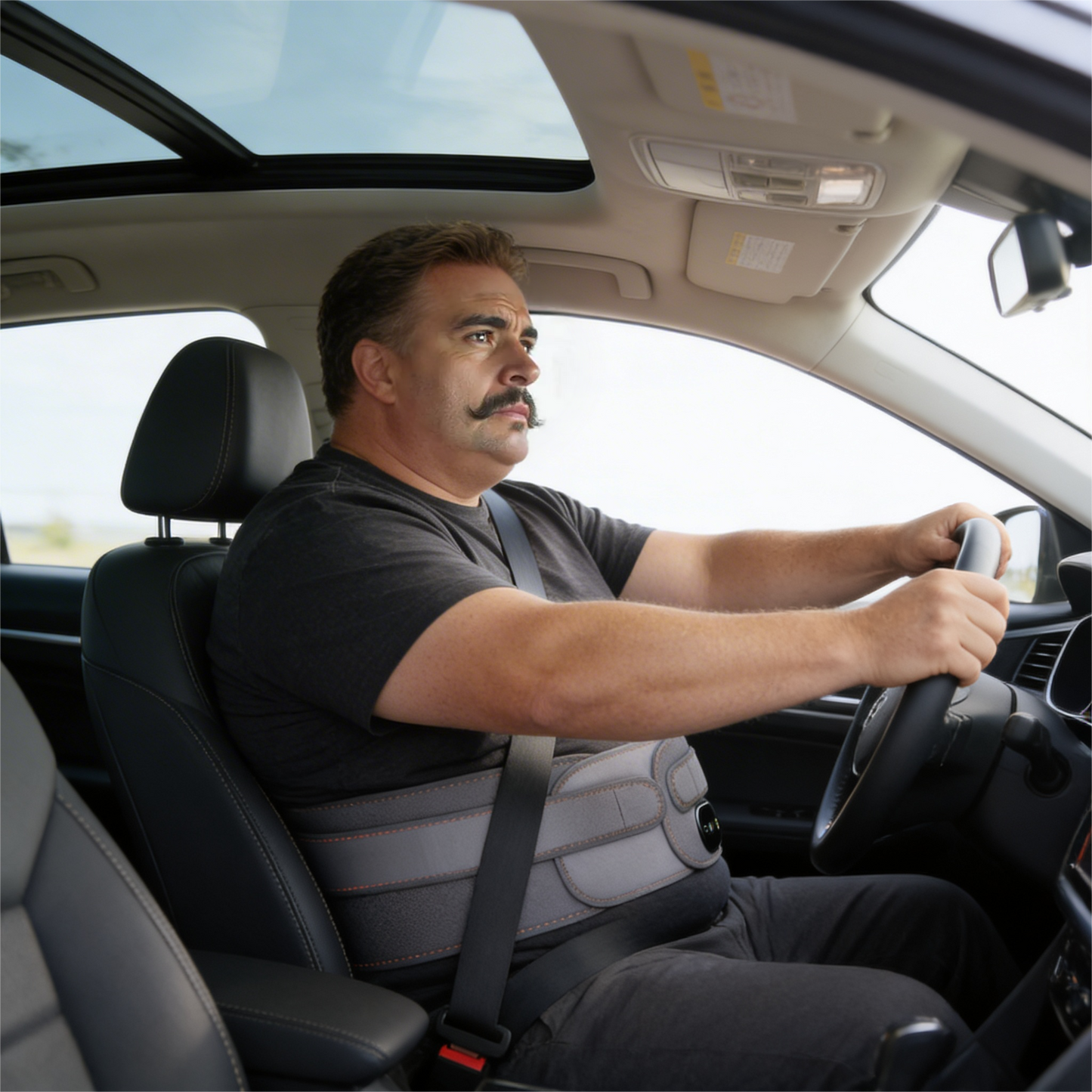 A man driving a car with a focus on the interior, wearing the infrared belt with an extension.
